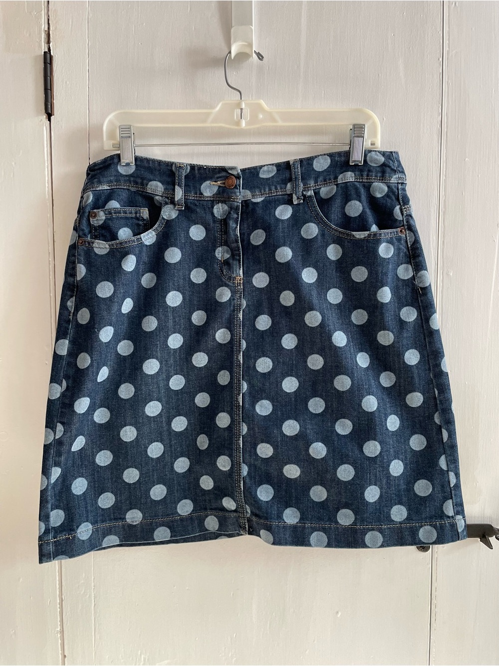 BODEN Polka Dot Denim Mini Skirt - Dark Blue - 5 Pocket - Size 10R